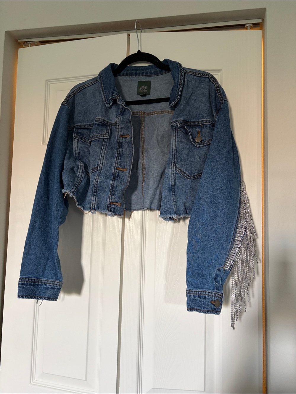 wild fable Dark Blue Cropped Denim Jacket with Silver Fringe - Picture 3 of 3